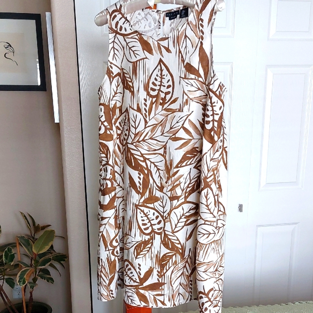 Tahari Brown Leaf Print Linen Dress